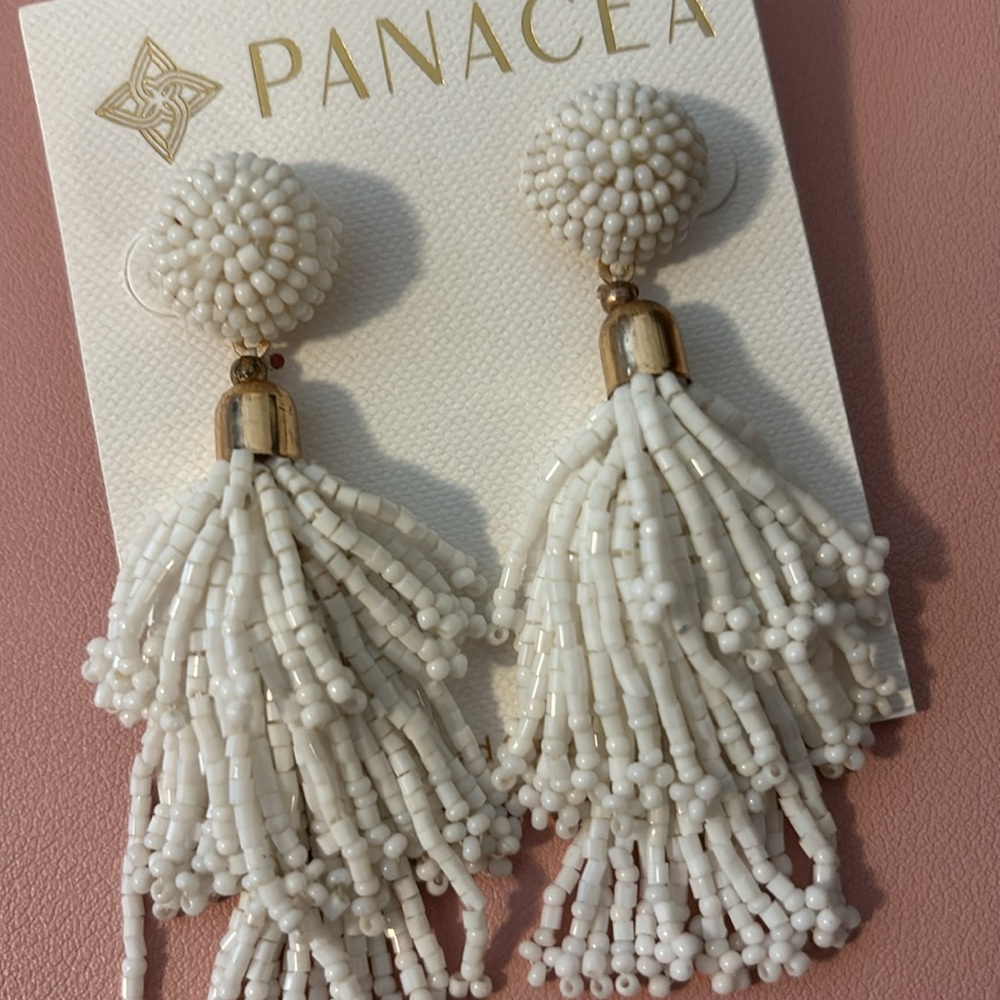 Panacea White Beaded Tassel Earrings